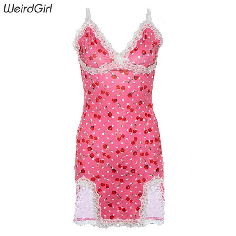 Women Lace Up Cherry Dot Print Dress Slip Cute Girl Pink Mini Vestidos Sleeveless V Neck Bodycon Femme Spaghetti Strap