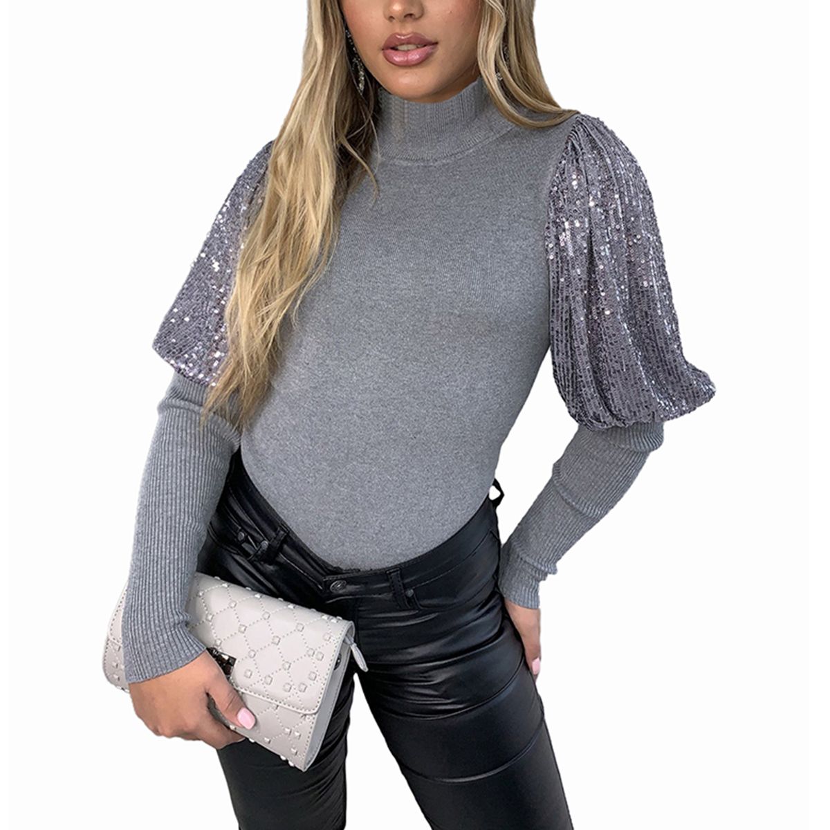 Women Winter New Slim Half-high Collar Tops Wide Sleeve Half-High Collar Slim Tights Blouse Long Sleeve Blouse with Sequins Decoration (S/M/L/XL)