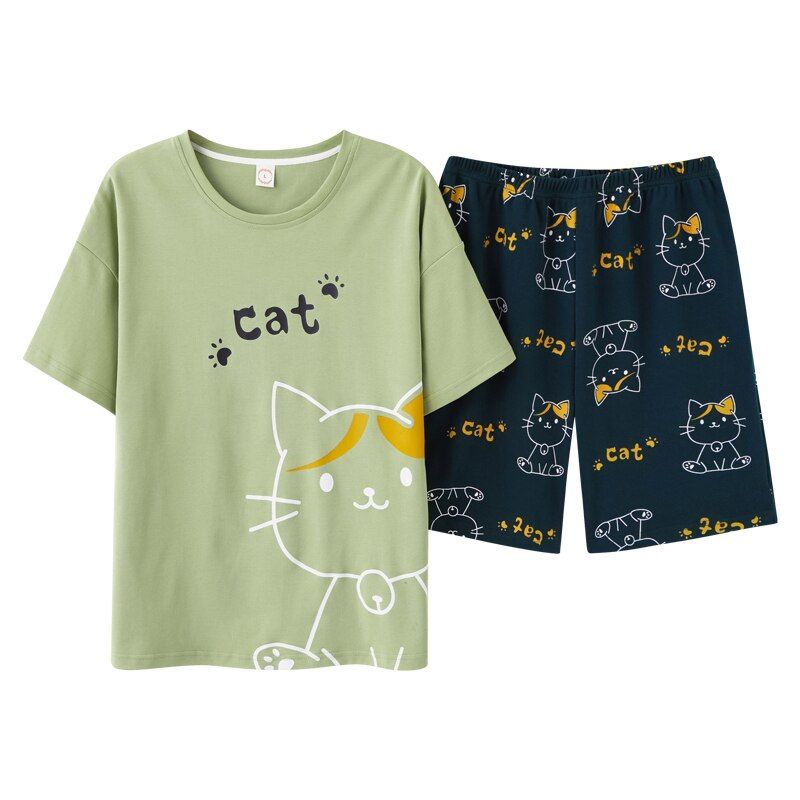 Flowers Pattern Pajamas Women Summer Short Sleeves Shorts Sleepwear Cotton Pijama Comfort Nightwear Plus Size Pyjamas