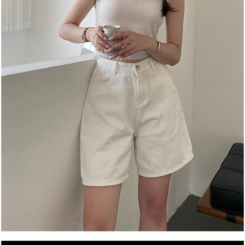 New Solid Knee-length Denim Shorts Women Summer Vintage Boyfriend High Waist Wide Leg Shorts Jeans Streetwear