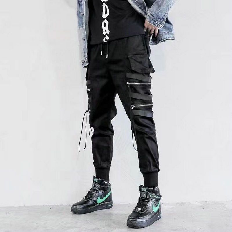 Men's Side Pockets Harem Pants Autumn Hop Casual Ribbons Design Male Joggers Trousers Fashion Streetwear Pant Black
