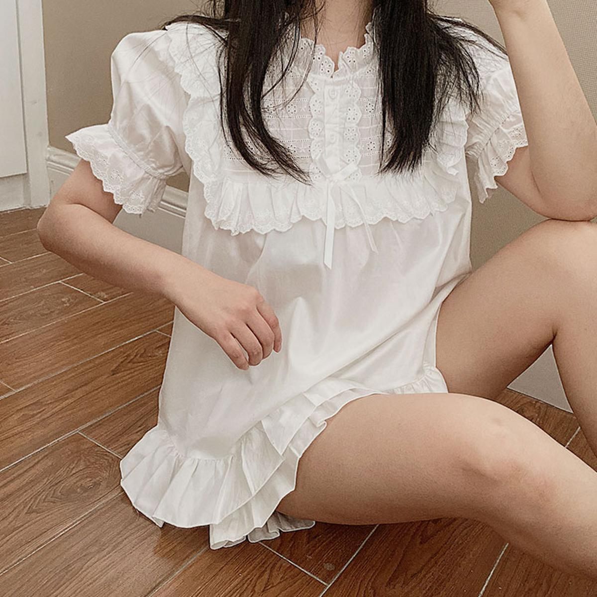 Women Princess Long sleeve Lace Ruffle Pajama Sets Tops+Pants.Vintage Ladies Cotton Pyjamas Set Victorian Girl's Home Sleepwear