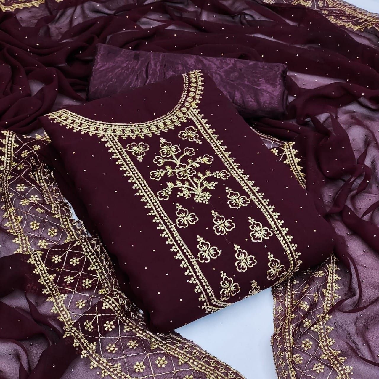 Couching Stitch Embroidery work Unstitched Weightless Georgette Shalwar Kameez Four Piece (4 Piece)