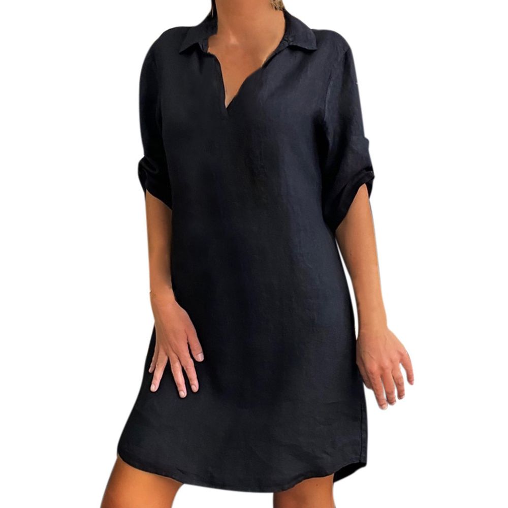 Turn Down Collar Above Knee Loose Shirt Dress Fashion Women Plus Size Solid Cotton Linen Casual Style Sukienka Female Dresses