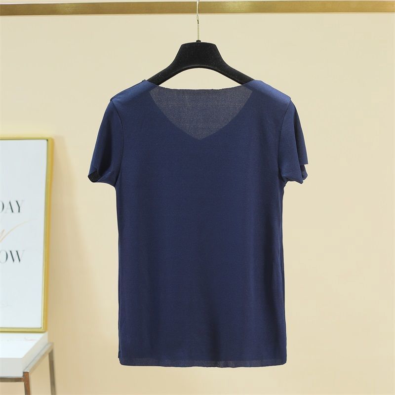 Summer Women's Cool Loose Ice Silk Fashion Suit Women's Thin V-Neck T-Shirt Sports and Leisure Wide-Leg Pants Two-Piece