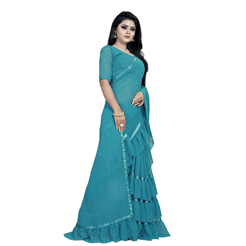 Anjaneya Sarees Women's Georgette Ruffle Frill Saree with Blouse