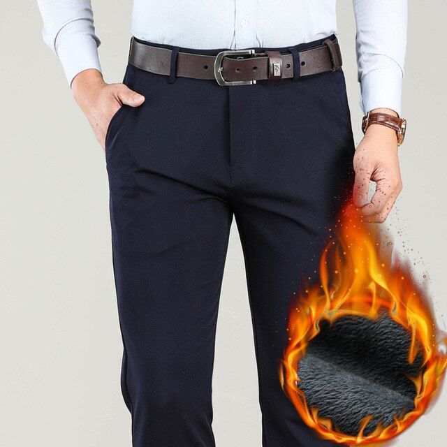 Big Size 40 42 44 Winter Pants Men Fleece Warm Thicken Casual Pants Business Fashion Classic Stretch Trousers Male Black