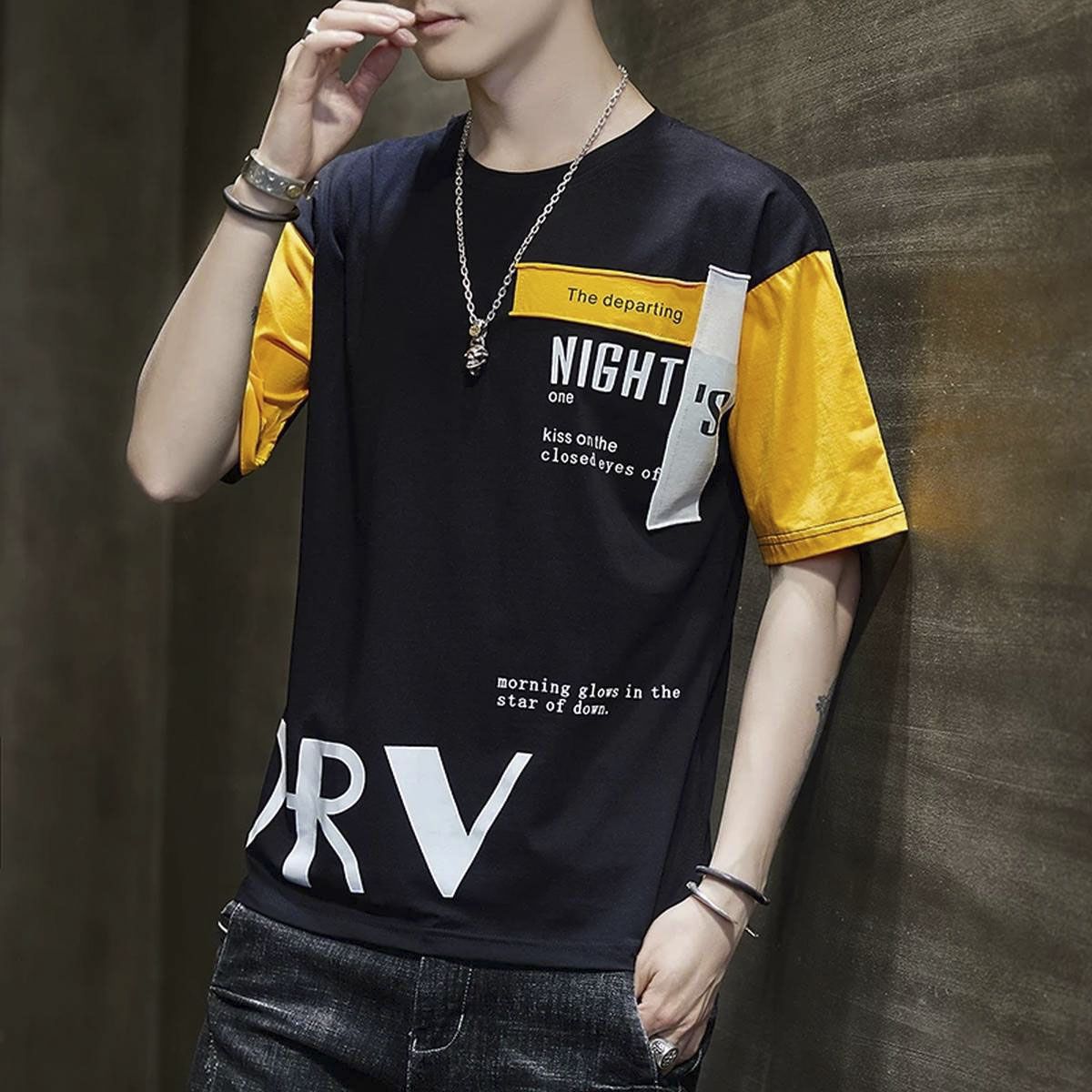 Black & Yellow Cotton Half Sleeve T-Shirt for Men