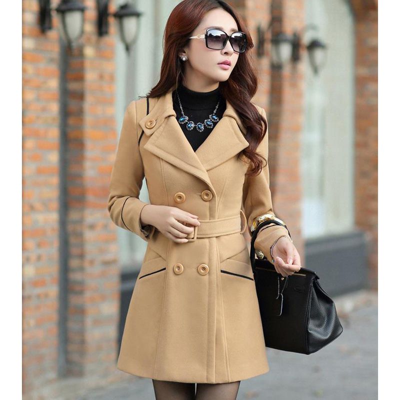 elegant Belt Solid Winter Woolen Coats For Women Double Breasted Overcoat Turn-down Collar Slim Outerwear Female Trench Coat