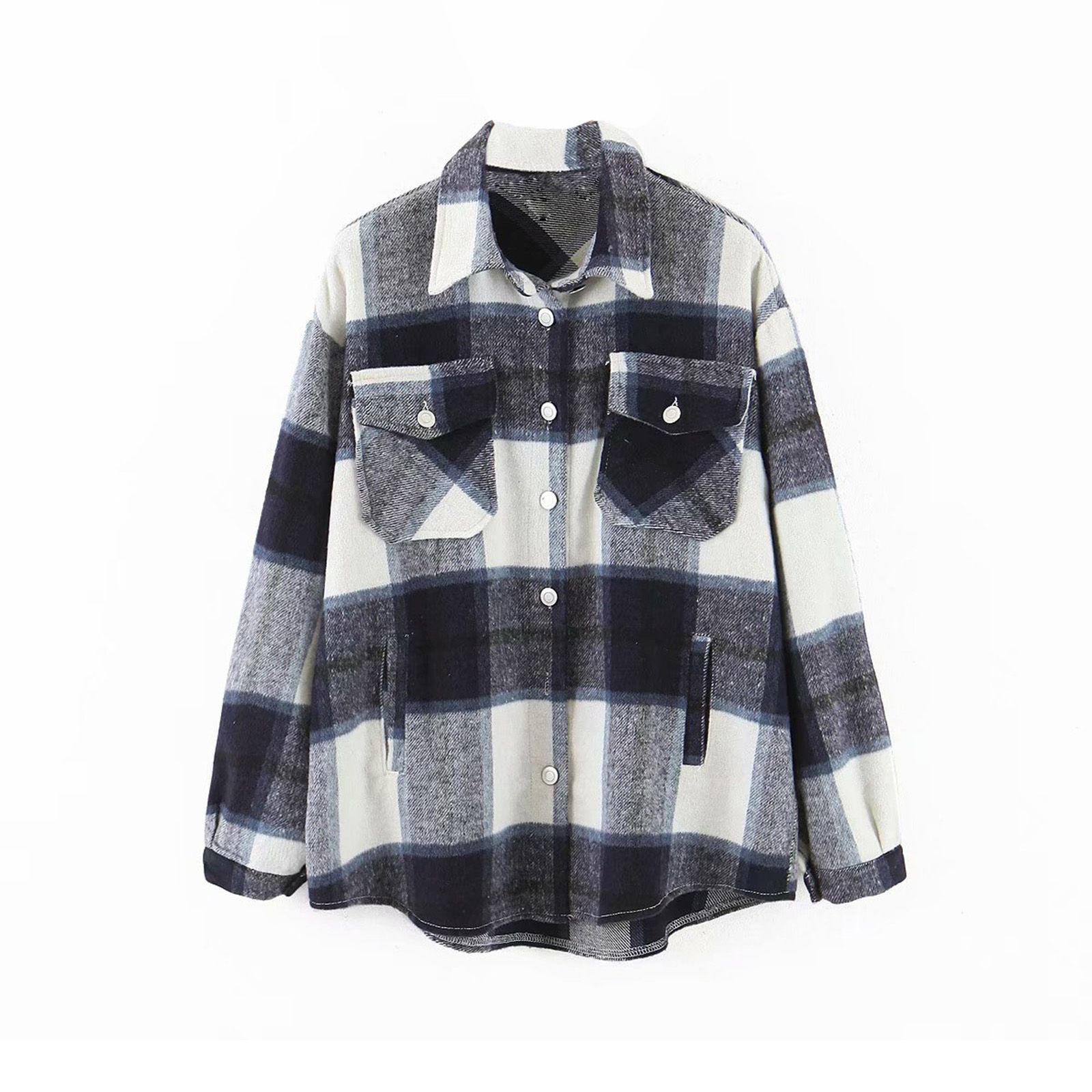 Women Plaid Button Down Jacket, Casual Long Sleeve Loose Coat Lapel Outwear with Pocket