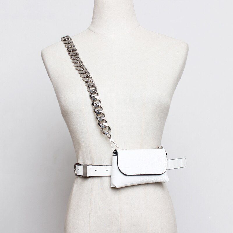 [EAM] Pu Leather Bukle Chain Split Min-bag Long Wide Belt Personality Women New Fashion Tide All-match Spring 2020 1N845