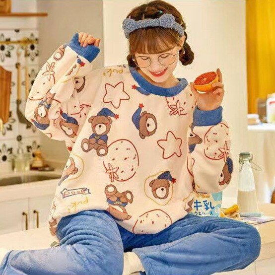 Winter Flannel warm pajamas korean kawaii cartoon Pajama Set Fashion  Leisure Home Cloth pyjamas women Sleepwear