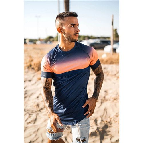 new brand men's stylish cool T-shirt, men's casual style striped -hop short sleeve street element printed top, wholesale