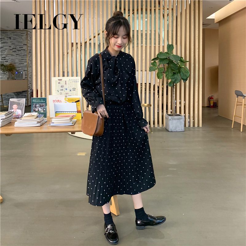 IELGY fashion Korean version of the long-term temperament wave dot lace bow bottom pleated skirt dress long skirt ladies skirt