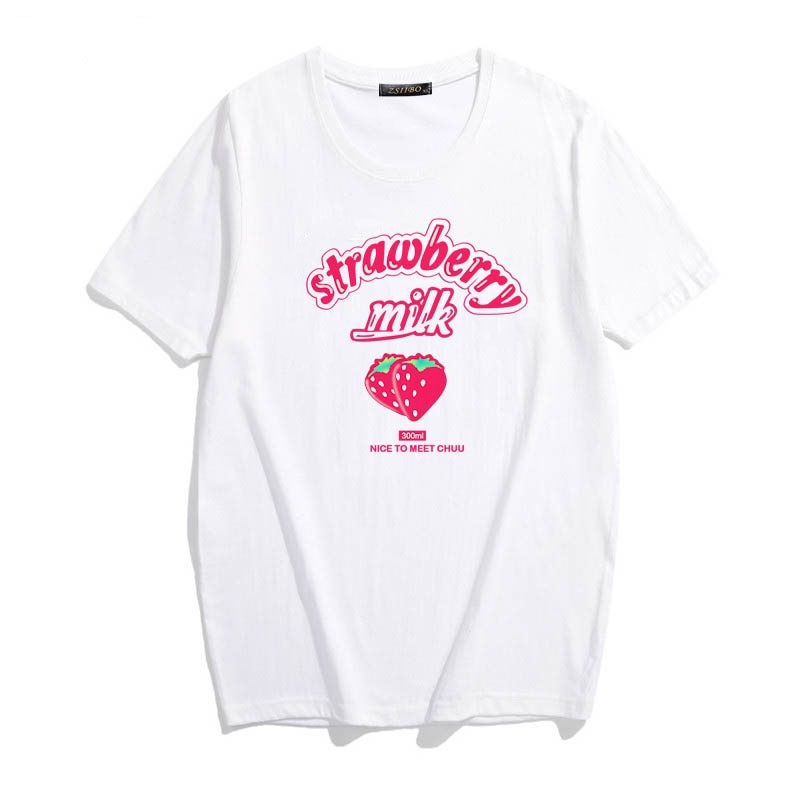 Strawberry Milk Cute Cartoon Sweet Girl Pink Graphic Summer Streetwear Casual Top Y2K E-Girl Kawaii Casual Vintage Women T-Shirt