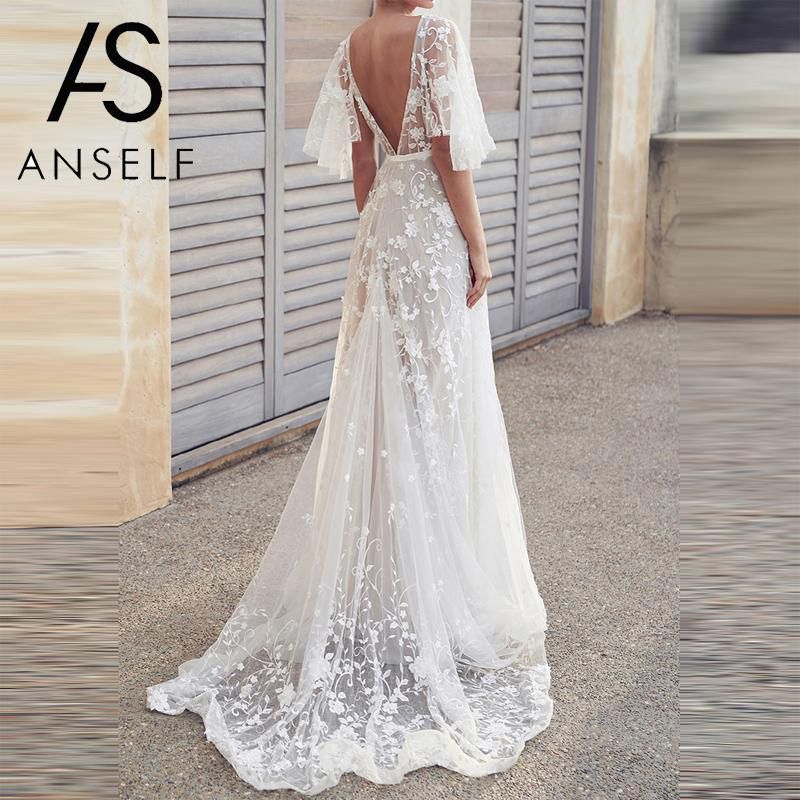 Women Lace Dress Elegant Long Gowns Romantic V-neck Maxi Backless Dress Evening Club Wedding White Party Dresses female vestidos