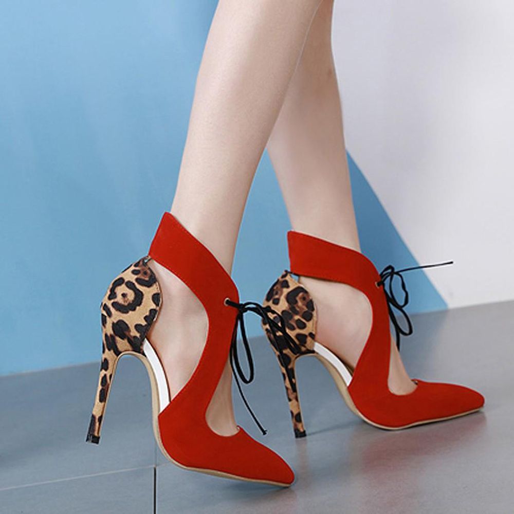 Women Summer Pointed Fashion Hollow Leopard Casual Stiletto Heels Shoes
