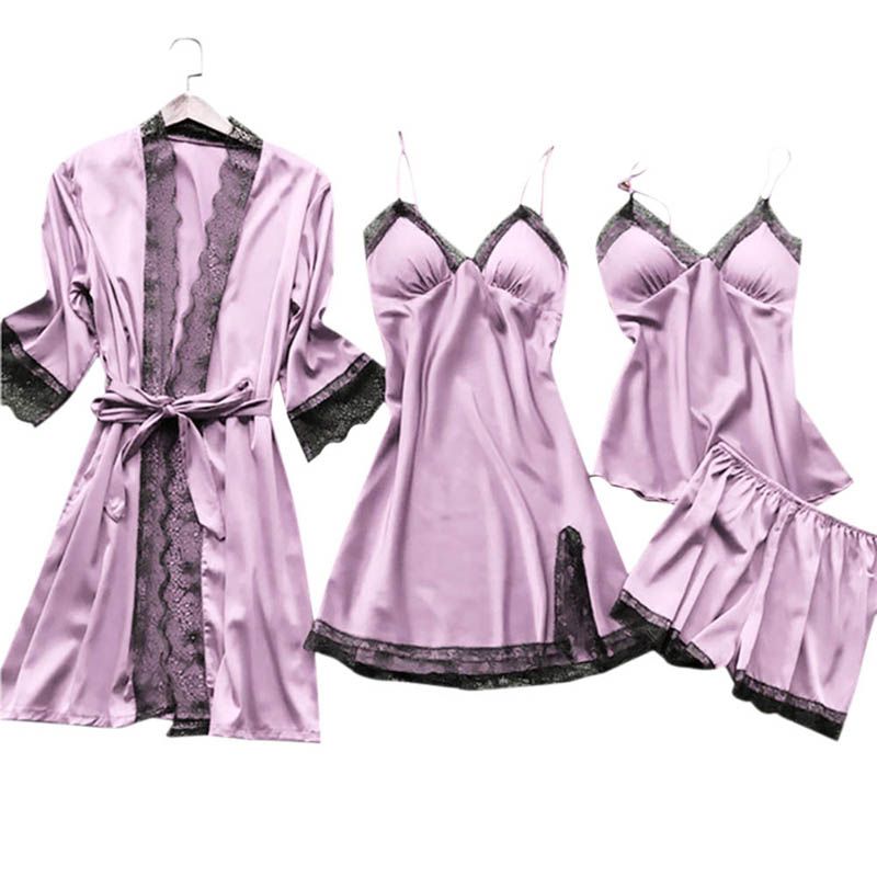 sale Women Sleepwear Sleeveless Strap Nightwear Lace Trim Satin Cami Top Pajama Sets Femme Sexy Lingerie Pajamas Women