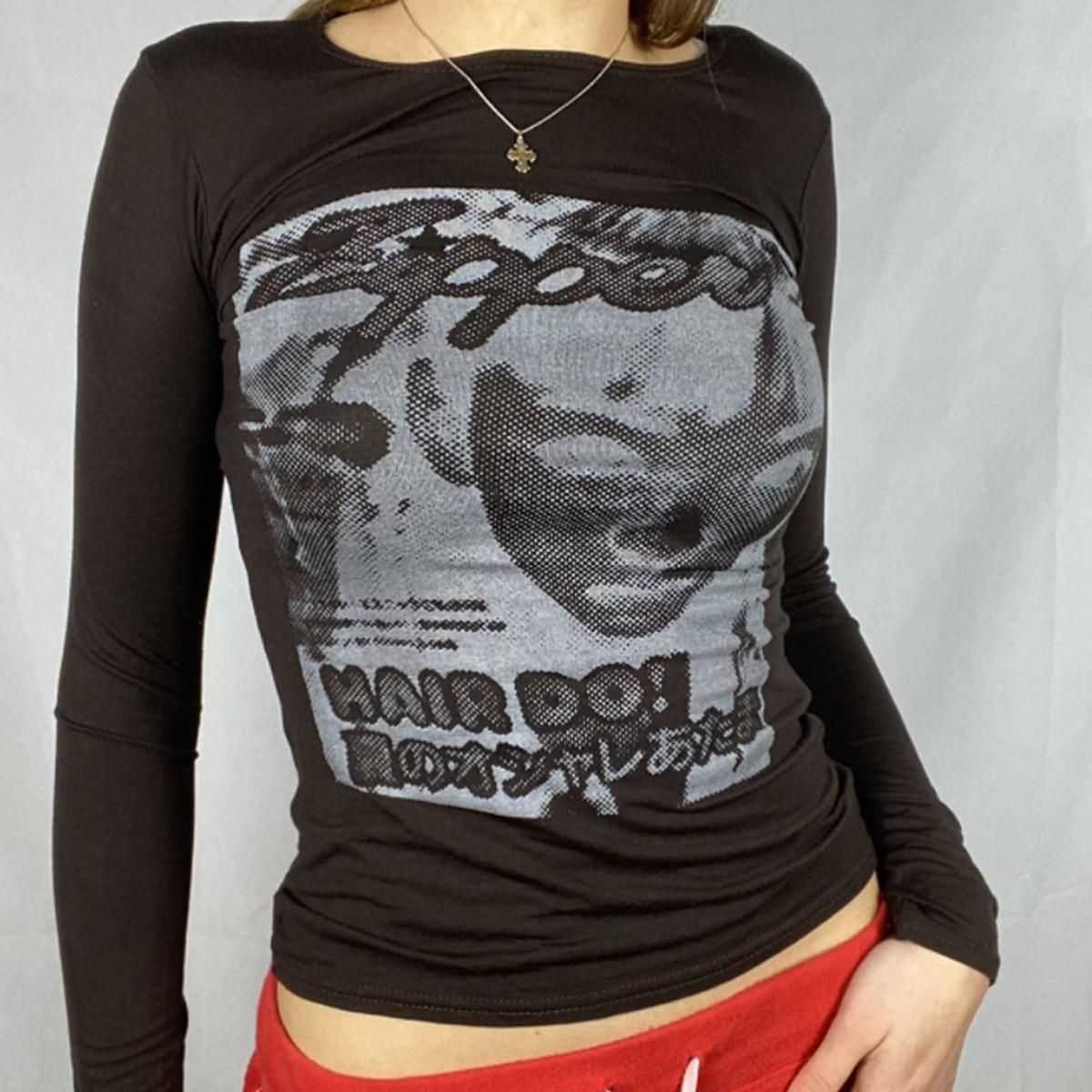 Portrait Graphic Print T-shirt 90s Vintage Harajuku Long Sleeve Crop Top Y2K Aesthetic Summer Slim Fit Tee Tops Streetwear 2021