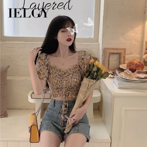 IELGY Square Collar Retro Wrinkle Design Top Women's Short Sleeve Chiffon Shirt Short Shirt