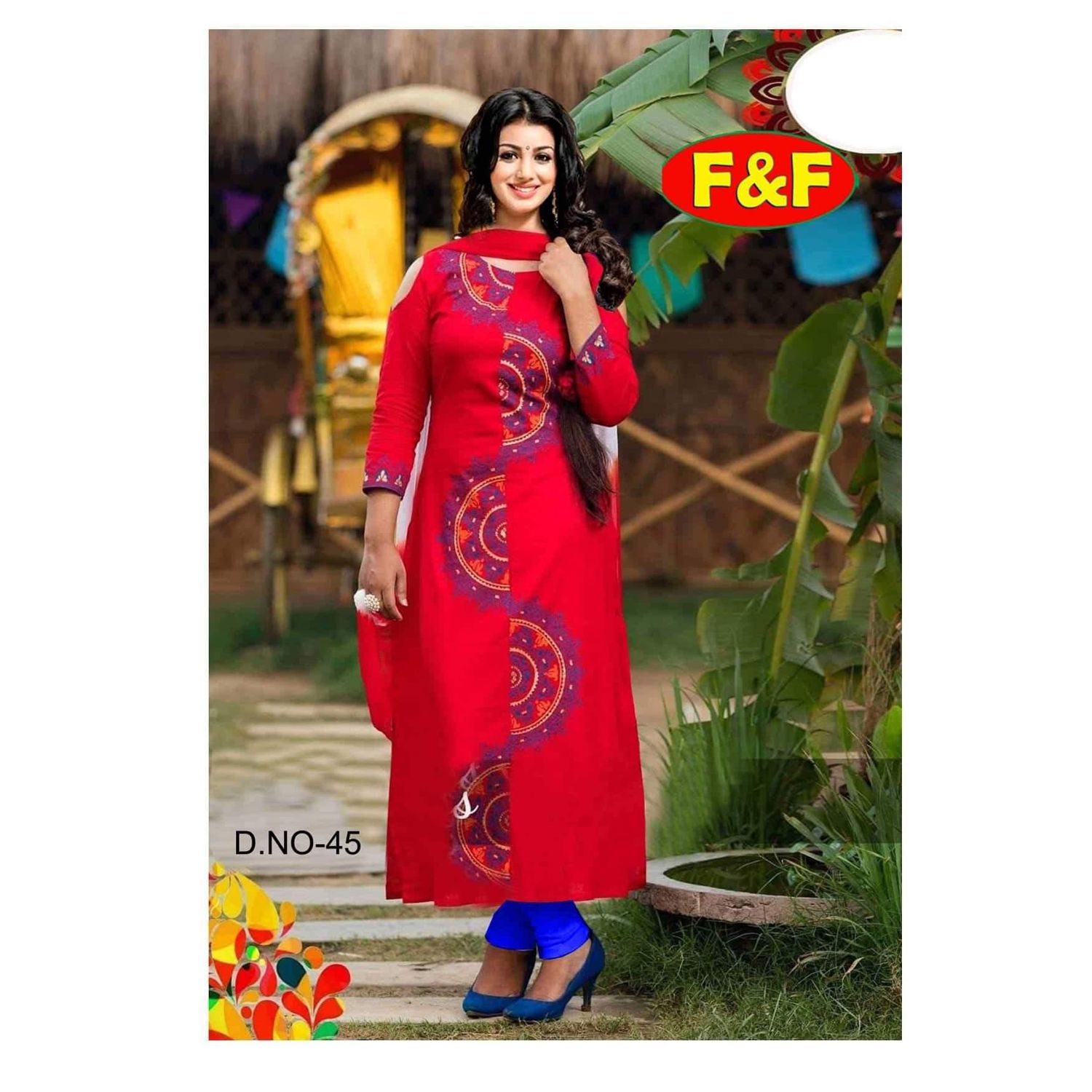 Unstitched Hot Red Cotton Salwar Kameez for Women