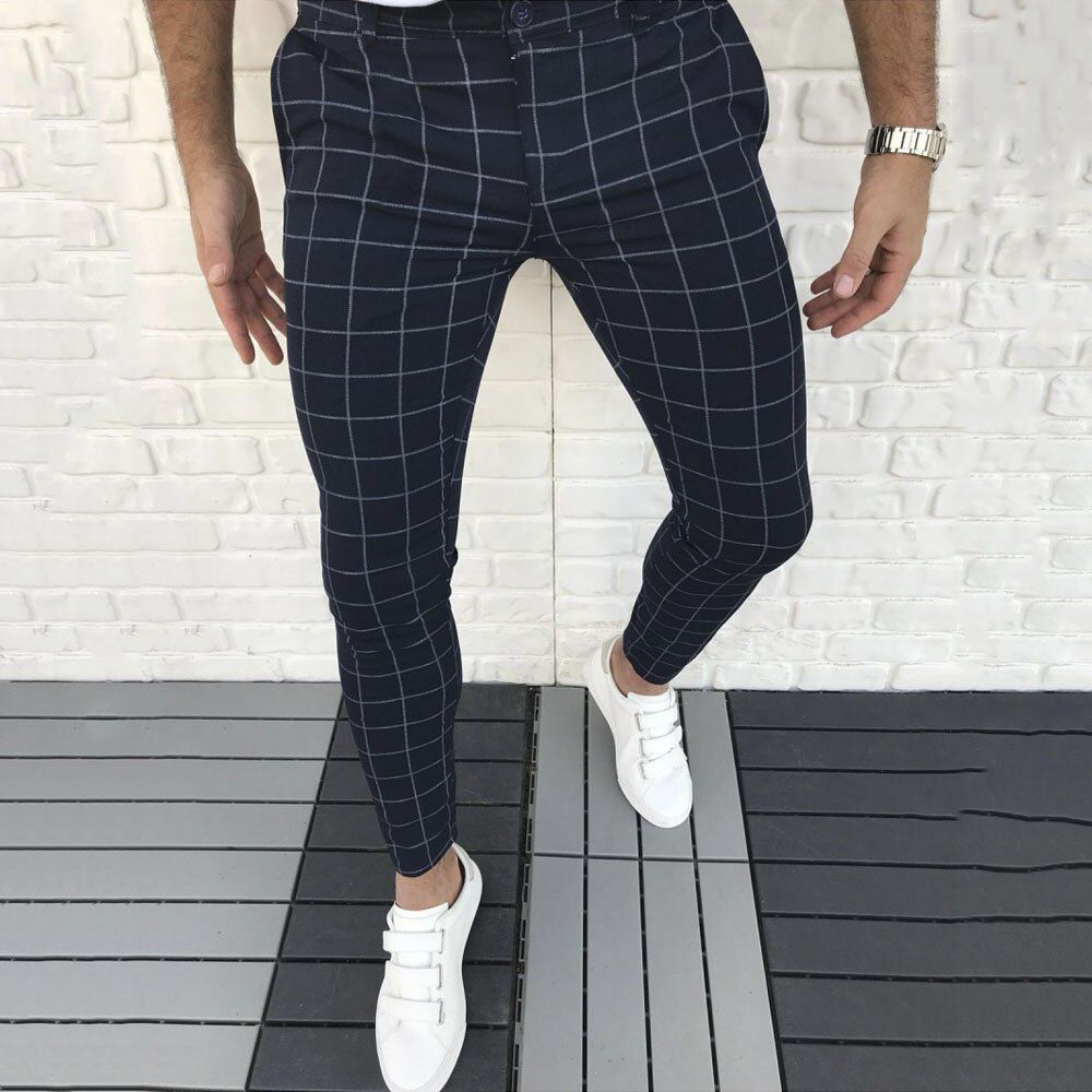 Spring New Men's Plaid Zipper Casual Pants Fashion Mens Trousers Slim Striped Cotton Blends Checked Pants Male Bottom