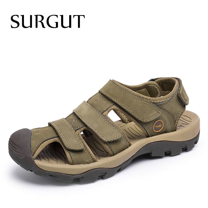 SURGUT Brand New High Quality Men  Leather Sandals Breathable Comfortable Cozy Summer Shoes Fashion Flat Male Sandals