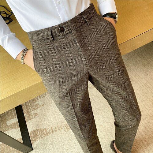 Plus Size 38 40 Men Dress Pants Fashion Plaid Business Slim Casual  Pant Classic Vintage Check Suit Pants Male Wedding Trousers