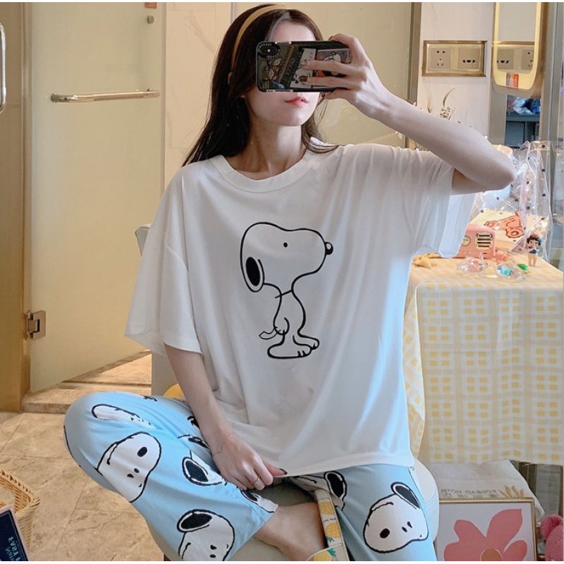 2pcs Women cute cartoon  korea short sleeve loose T-shirt + casual pants sleepwear