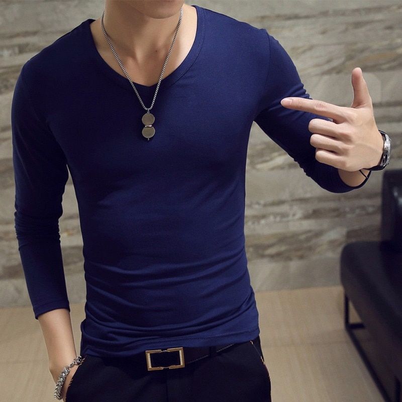 Men's T Shirt V Neck Breatheble Long Sleeve Slim T-shirt Young Men Pure Color Comfortable Tee Shirt O Neck 3XL