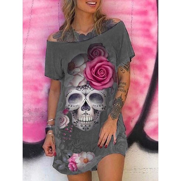Dress Women Summer Fashion Casual Goth Style Short Sleeve Skull Flowers Print Plus Size Multi-colored Female Sexy Dress