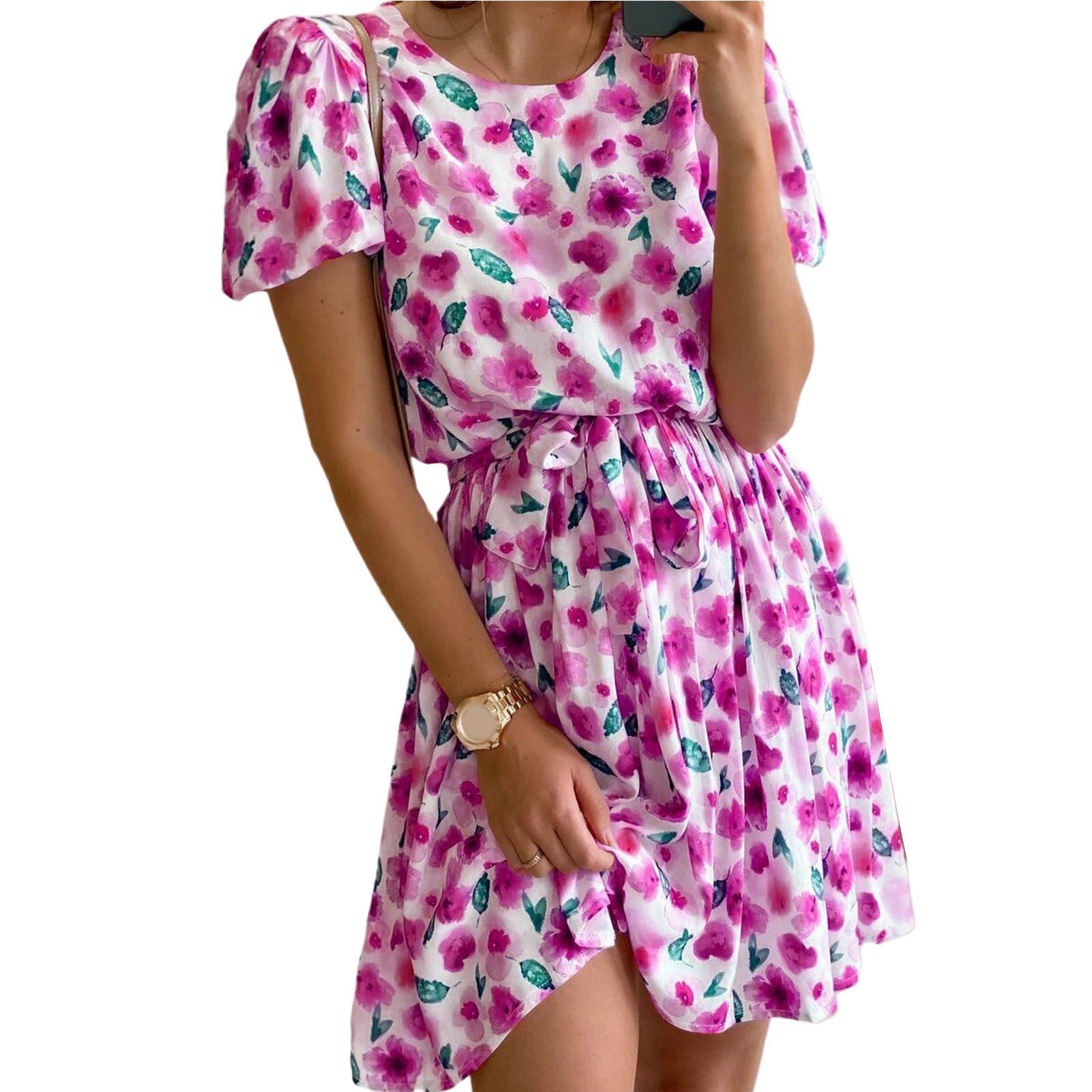 ni Dress Round Neck Floral Print Waist Tight Holiday Dress
