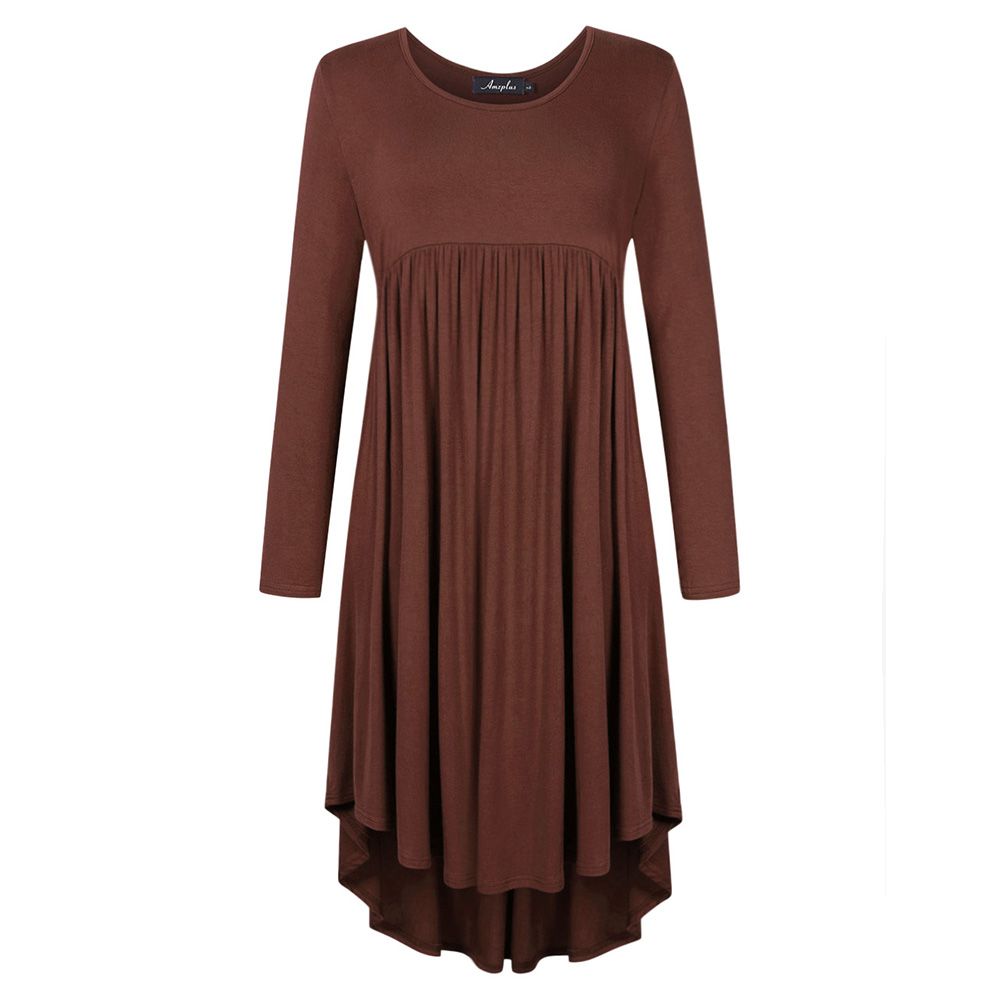 Lady Long Sleeve Irregular Dress Crew Neck Solid Color Over Size Dress with Pockets