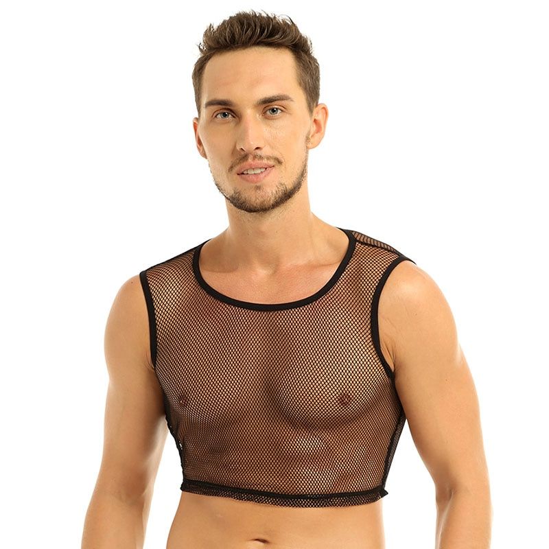 iEFiEL Men Sleeveless See-through Mesh Fishnet Muscle Slim Fit Short Style Wetlook TaTop Men's Evening Clubwear Vest Tops