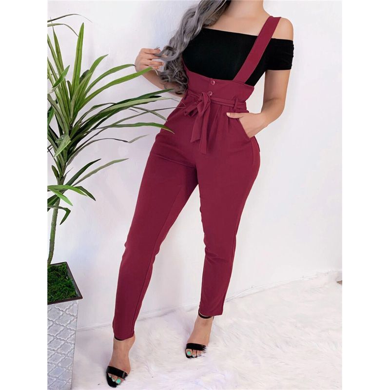 Women Streetwear Long Pants Bandage Design Button Pockets Decor High Waist Pencil Pants Lady Slim Hips Shoulder Straps Trousers