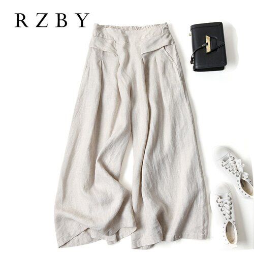 Summer Women Aesthetic Style Elastic Waist Solid Pants All-matched Casual Wide Leg Cotton Linen Loose Pantalon RZBY260