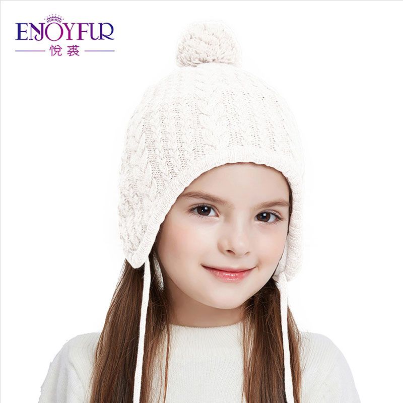 ENJOYFUR kids winter knit hats for girl boy natural fox fur pompom children bonnets warm thick baby earflap beanies