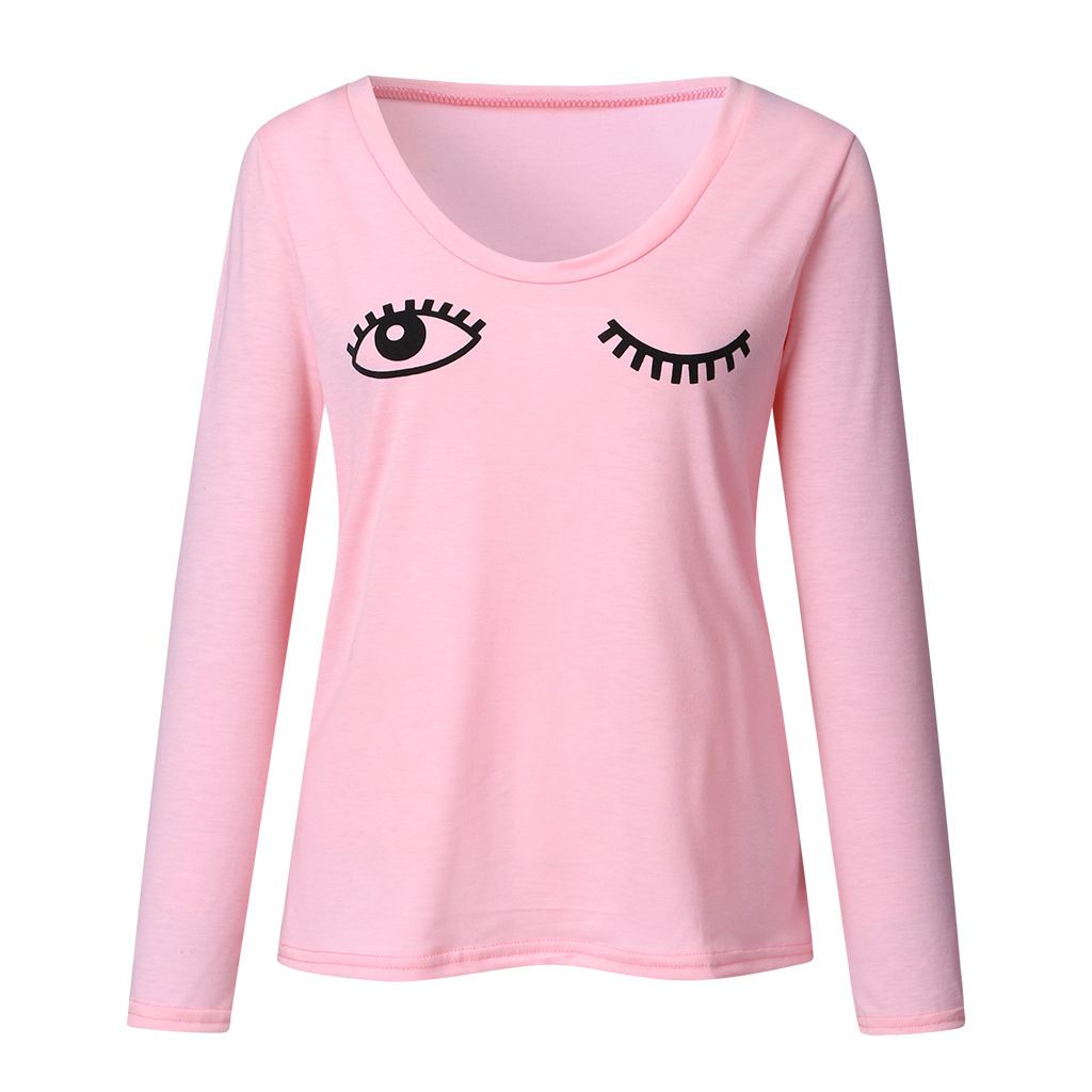 New Women Stylish Long Sleeve T-shirts Funny Eyelash Eye Printed U Neck Pullover Tees Shirts Tops