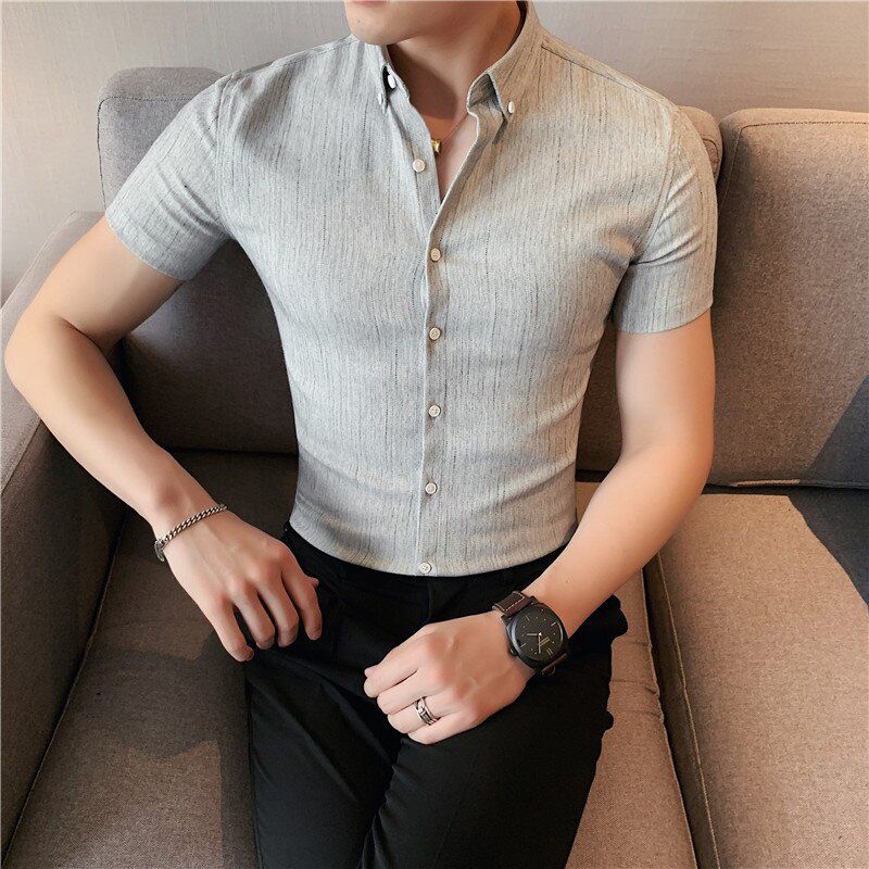 Plus Size 4XL-M Summer Short Sleeve Striped Shirt Men Clothing 2021 British Style Slim Fit Business Formal Wear Dress Blouses