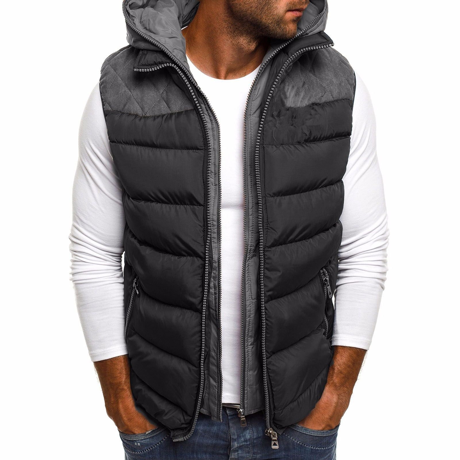 Men Waistcoat All Match Color Contrast Hooded Jacket Vest Coat