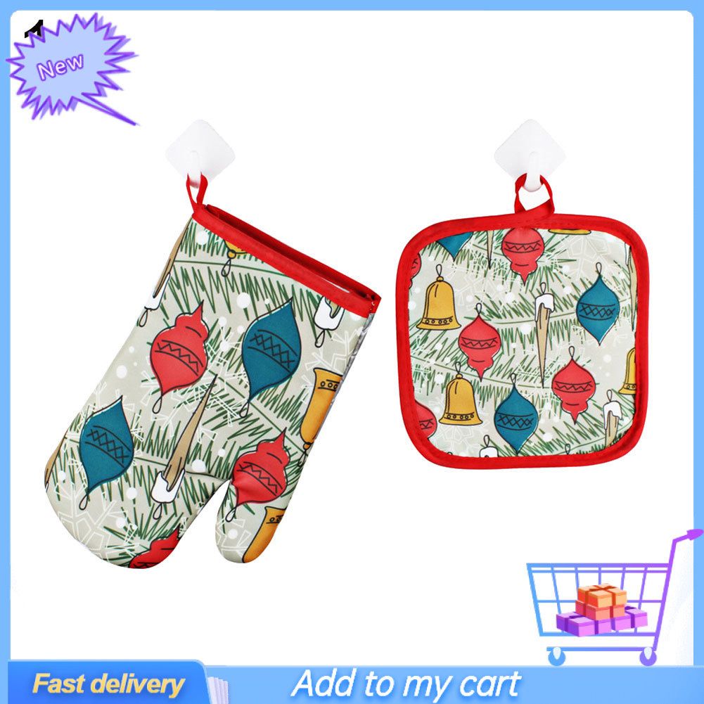 1Pc Heat Resistant Glove + 1Pc Anti-hot Mat Kitchen Christmas Decor Baking Tool