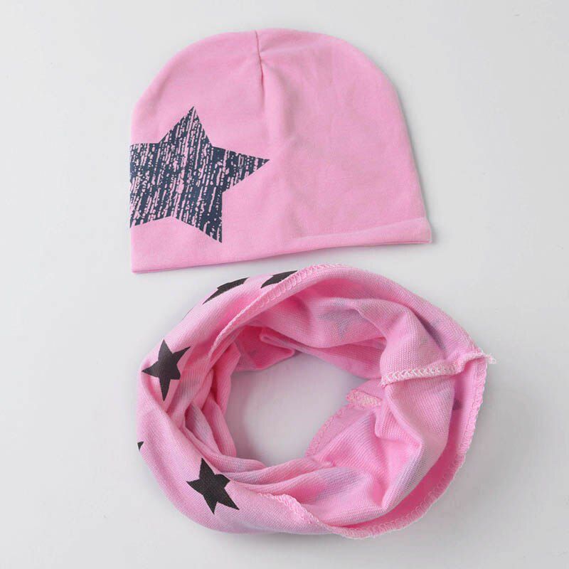 2Pcs/Set Winter Baby Hat Scarf Children Girl Boys Star Print Cotton Cap O Ring Autumn Warm Kids Scarves Caps