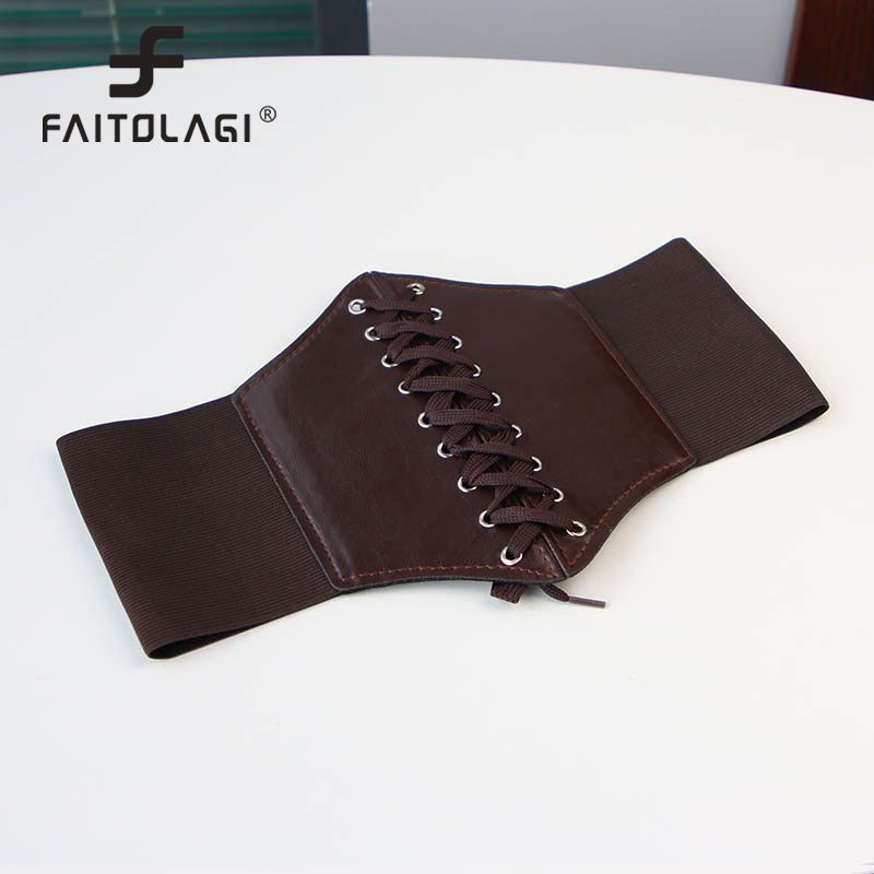 Ultra Super Wide Corset Belt Pu Leather Slimming Body Belts For Women Elastic High Waist Belt Ladies Front Tie Up Waistband