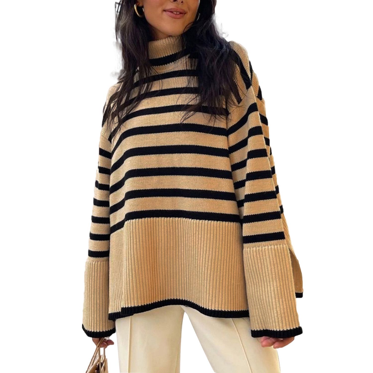 Pullover Sweater Ribbed Hem Women Turtleneck Striped Patchwork Oversized Sweater