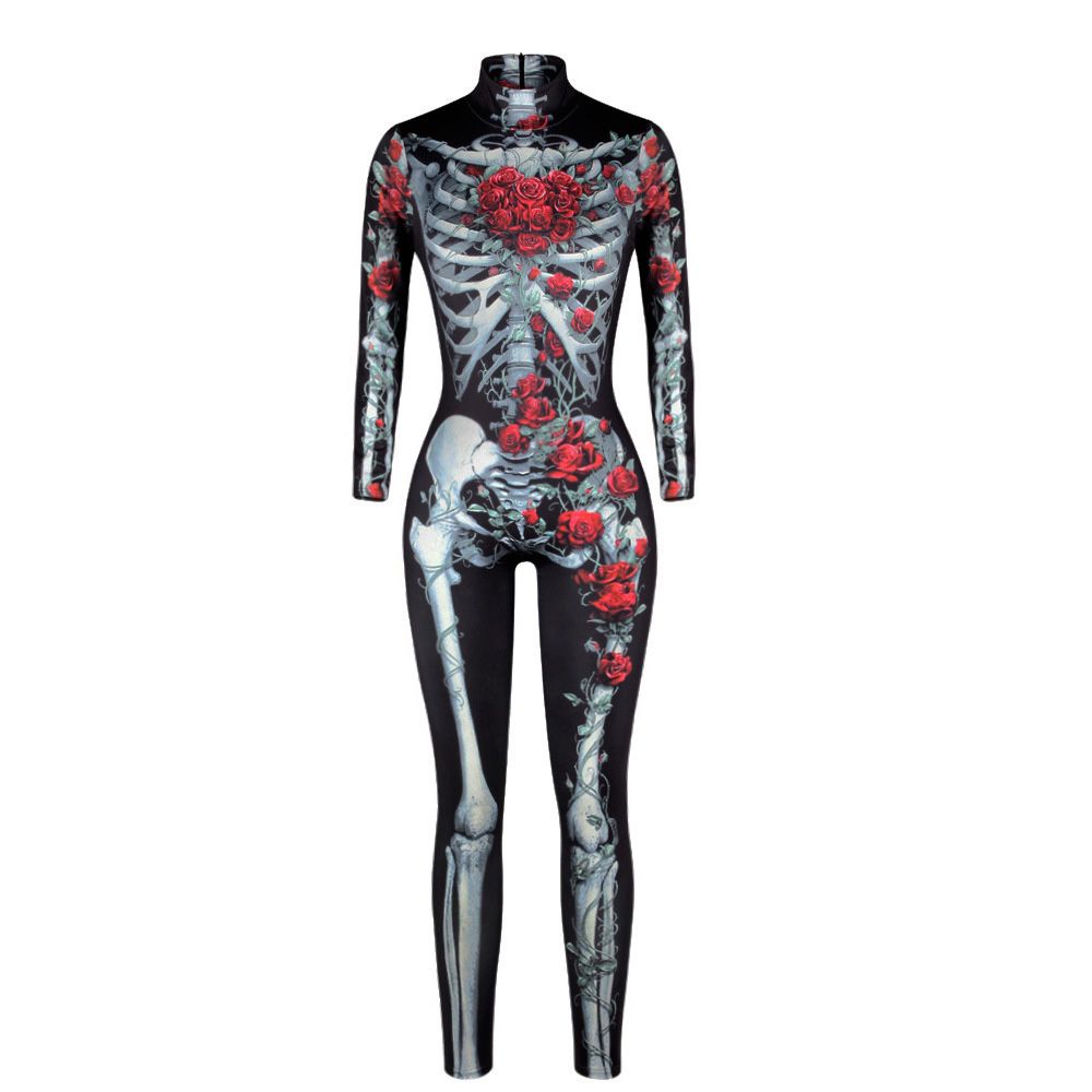 Women’s Long-sleeved Cosplay Jumpsuit Personality Skull Printing Slimming High Waist Long Jumpsuit