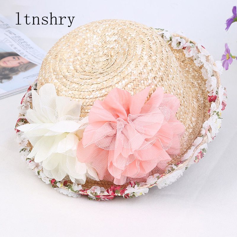 Summer Flower Straw Hats Vintage Parent-child Sunscreen Outdoors Women Children Dome Top Foldable Sun Hat White Beach