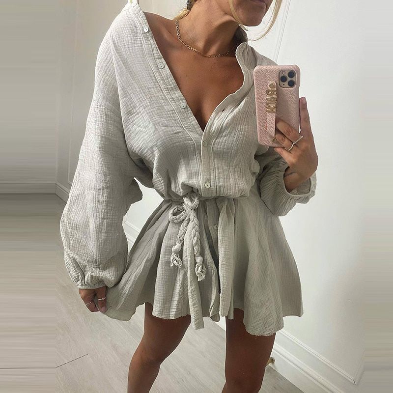 High Fashion Elegant Commuting V-neck Dress Sweet Solid Color Ruffle Dress Office Ladies Elegant Straight Long Sleeve Dress