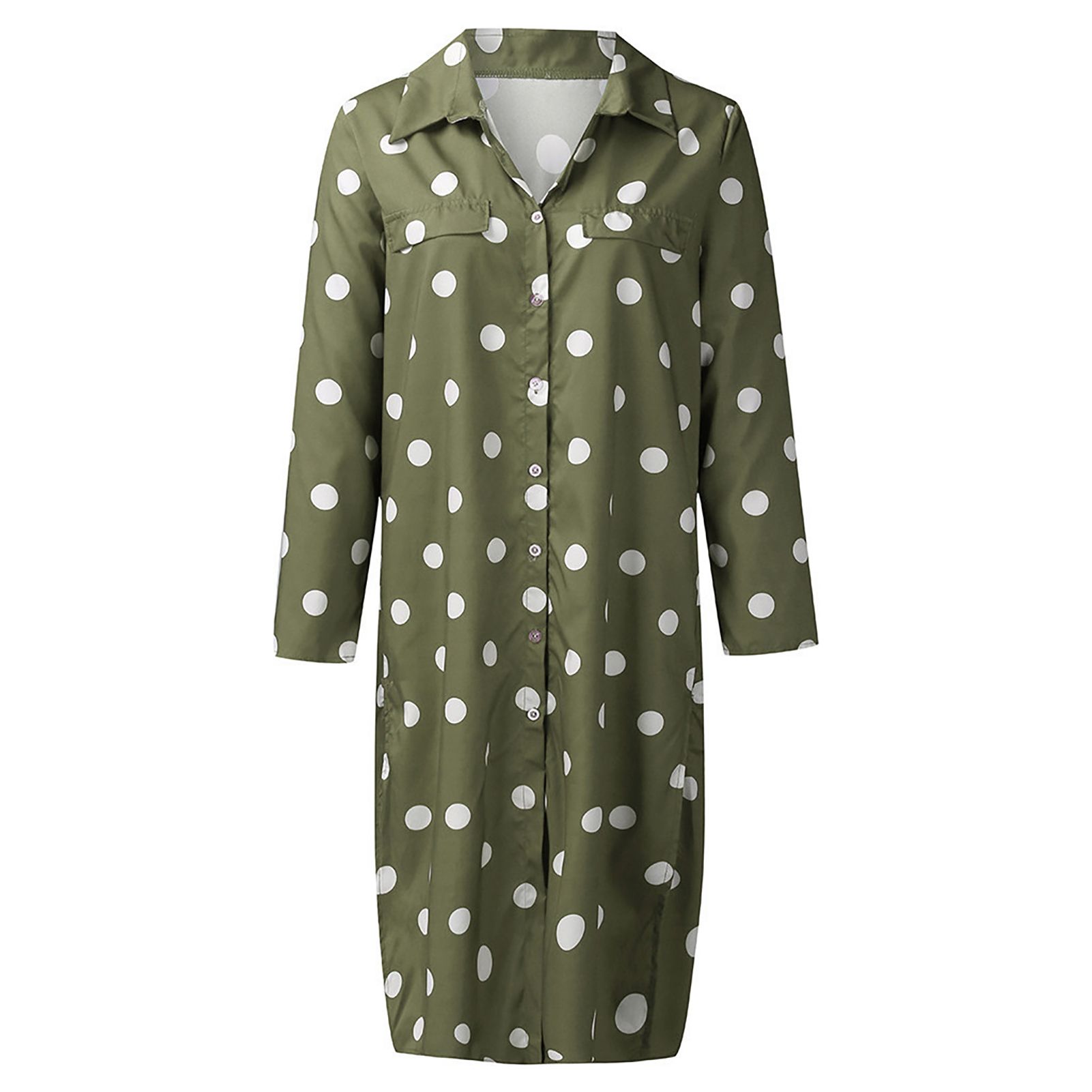 Women Dress Turn-Down Collar Dot Print Single ed Shirt Dress