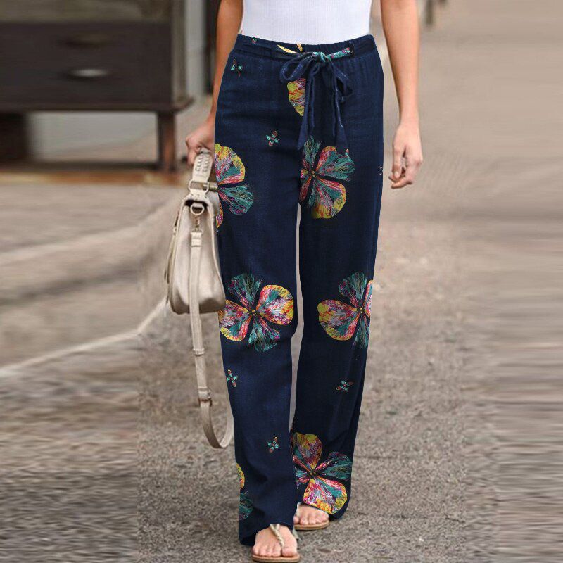 Vintage Printed Pants Women's Autumn Trousers Casual Elastic Waist Pantalon Palazzo Female Drawstring Long Turnip