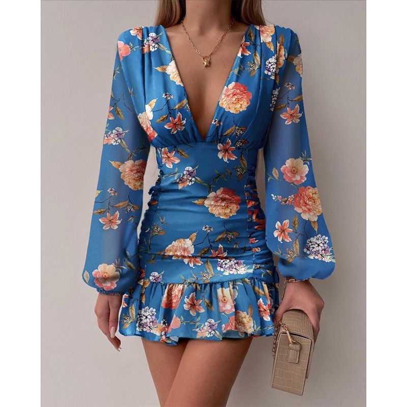 Shein Romwe Y2K  Puff Lantern Sleeve Pge Floral Print Ruched Bodycon Mini Vestidos De Mujer Casual Dress Women Clothes